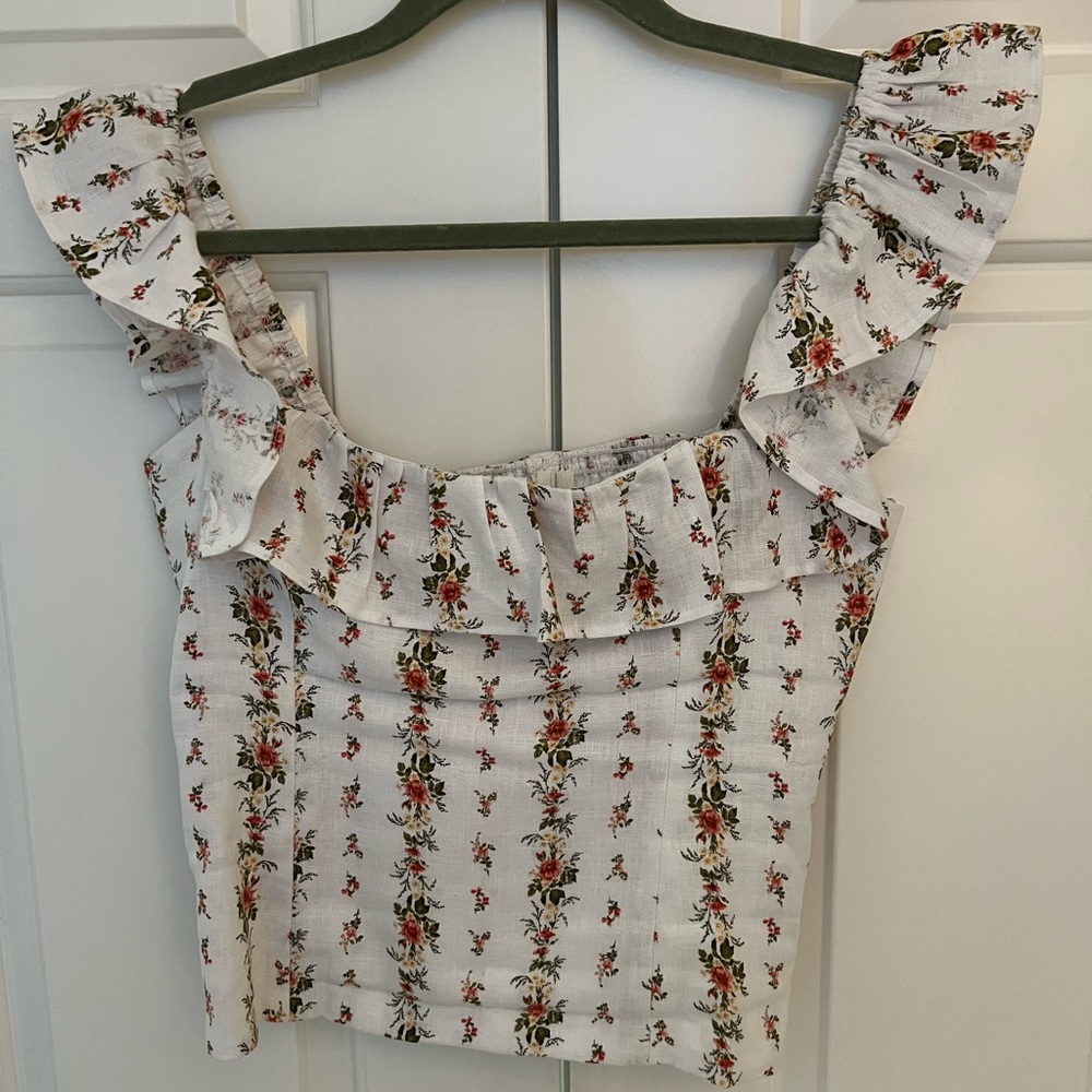 Reformation floral linen ruffle neck top